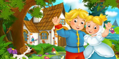 Çizgi film kadın ve erkek arka plan ev ile el sallayarak