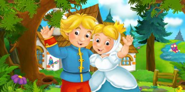 Çizgi film kadın ve erkek arka plan ev ile el sallayarak