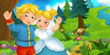 Erkek ve kadın karşı orman ile çizgi film sahne 