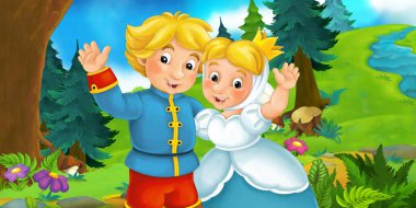 Erkek ve kadın karşı orman ile çizgi film sahne 