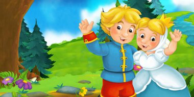 Erkek ve kadın karşı orman ile çizgi film sahne 