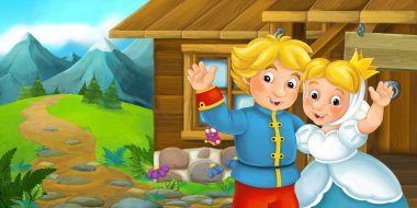 Çizgi film sahne arkalarında ahşap ev ile kadın ve erkek ile 