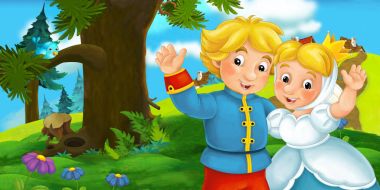 Erkek ve kadın ile çizgi film sahne orman sahne ile 