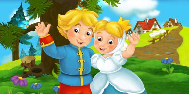 Çizgi film sahne arkalarında köyü ile kadın ve erkek ile 