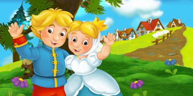 Çizgi film sahne arkalarında köyü ile kadın ve erkek ile 