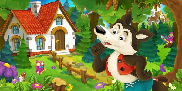 cartoon scene with funny thoughtful wolf standing near farm house