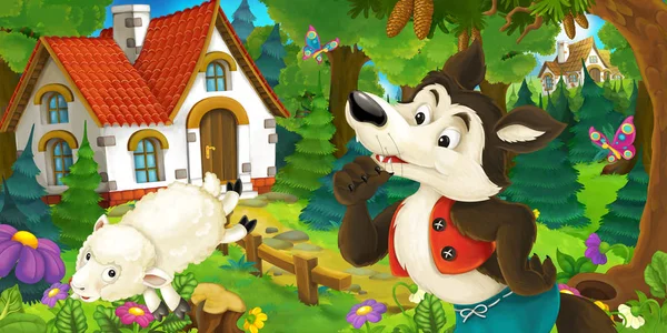 Cartoon Scene Funny Sheep Running Jumping Farm House Thoughtful Wolf — Stock Photo, Image