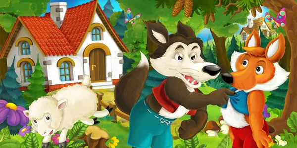 cartoon scene with sheep, wolf and fox in green forest