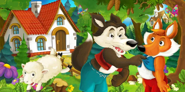 cartoon scene with sheep, wolf and fox in green forest