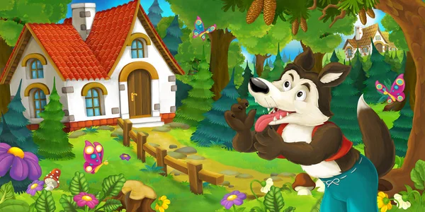 Cartoon Scene Funny Thoughtful Wolf Standing Farm House — Stock Photo, Image