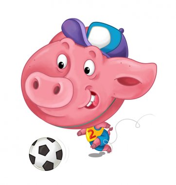 Çizgi film genç domuz beyaz arka plan üzerinde izole futbol oynarken