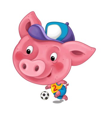 Çizgi film genç domuz beyaz arka plan üzerinde izole futbol oynarken