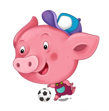 Çizgi film genç domuz beyaz arka plan üzerinde izole futbol oynarken
