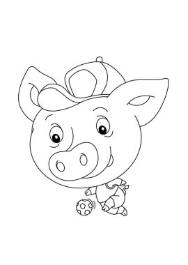 Domuzcuk şapkalı futbol topuyla oynuyor çizgi film, beyaz arka plan üzerinde anahat