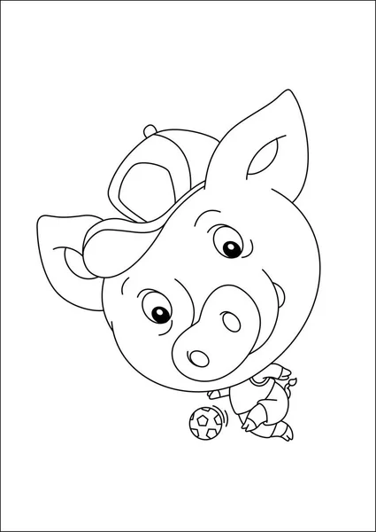 Cartoon Piggy Cap Playing Soccer Ball Outline White Background — Stock Vector