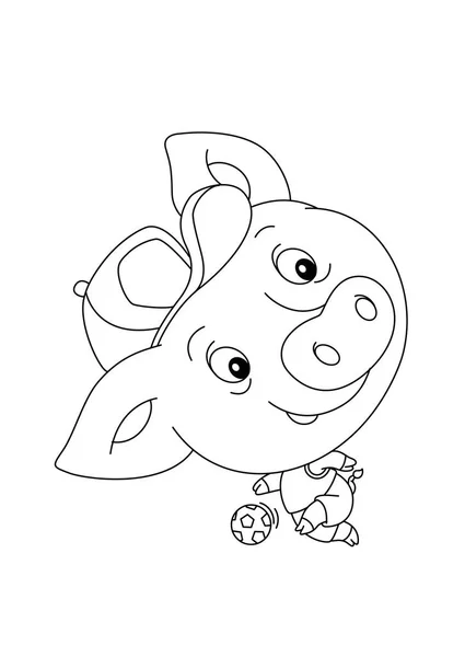 Cartoon Piggy Cap Playing Soccer Ball Outline White Background — Stock Vector