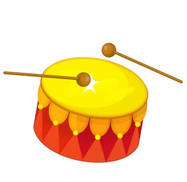 Beyaz arka planda izole edilmiş ahşap davul ve but çubukları olan çizgi film sahnesi - çocuklar için illüstrasyon