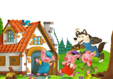 cartoon scene with home of three pigs farmers near the meadow with white background space for text - illustration for children