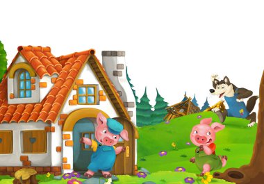 cartoon scene with home of three pigs farmers near the meadow with white background space for text - illustration for children