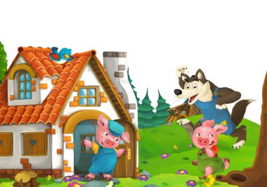 cartoon scene with home of three pigs farmers near the meadow with white background space for text - illustration for children