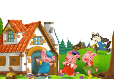 cartoon scene with home of three pigs farmers near the meadow with white background space for text - illustration for children