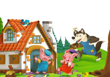 cartoon scene with home of three pigs farmers near the meadow with white background space for text - illustration for children