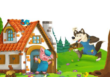 cartoon scene with home of three pigs farmers near the meadow with white background space for text - illustration for children