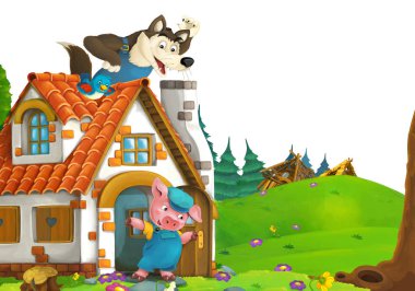 cartoon scene with home of three pigs farmers near the meadow with white background space for text - illustration for children