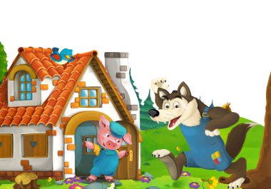 cartoon scene with home of three pigs farmers near the meadow with white background space for text - illustration for children