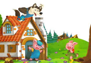 cartoon scene with home of three pigs farmers near the meadow with white background space for text - illustration for children