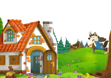cartoon scene with home of three pigs farmers near the meadow with white background space for text - illustration for children