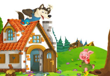 cartoon scene with home of three pigs farmers near the meadow with white background space for text - illustration for children
