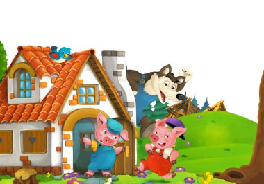 cartoon scene with home of three pigs farmers near the meadow with white background space for text - illustration for children