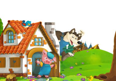 cartoon scene with home of three pigs farmers near the meadow with white background space for text - illustration for children