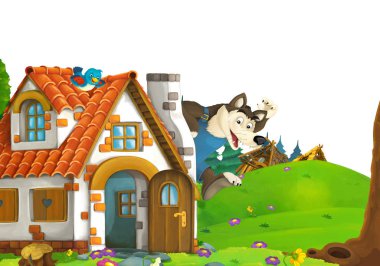 cartoon scene with home of three pigs farmers near the meadow with white background space for text - illustration for children