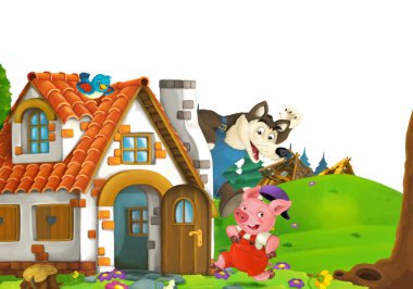 cartoon scene with home of three pigs farmers near the meadow with white background space for text - illustration for children