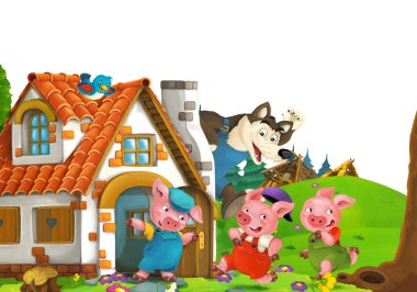 cartoon scene with home of three pigs farmers near the meadow with white background space for text - illustration for children