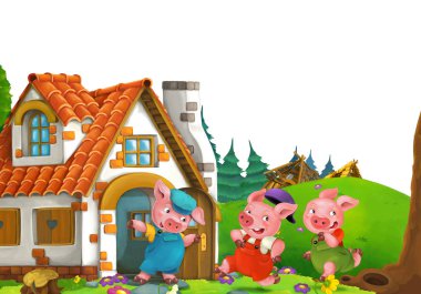 cartoon scene with home of three pigs farmers near the meadow with white background space for text - illustration for children