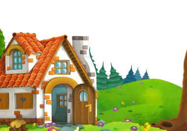 cartoon scene with home of three pigs farmers near the meadow with white background space for text - illustration for children