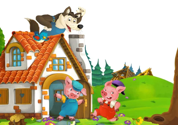 Cena dos desenhos animados com casa de três porcos agricultores perto do prado com espaço de fundo branco para texto - ilustração para crianças — Fotografia de Stock