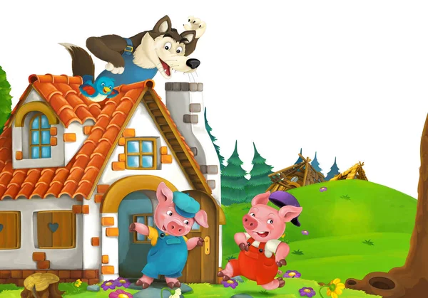 cartoon scene with home of three pigs farmers near the meadow with white background space for text - illustration for children
