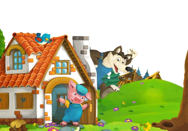 Cartoon scene with home of three pigs farmers near the meadow with white background space for text - illustration for children — Stock Photo, Image