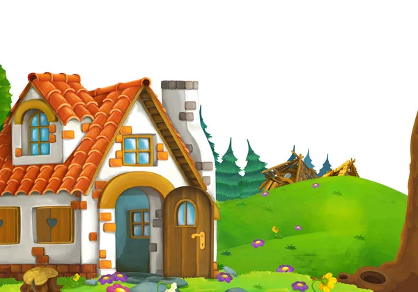 cartoon scene with home of three pigs farmers near the meadow with white background space for text - illustration for children