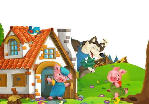 Cartoon scene met huis van drie varkenshouders in de buurt van het weiland met witte achtergrond ruimte voor tekst - illustratie voor kinderen — Stockfoto