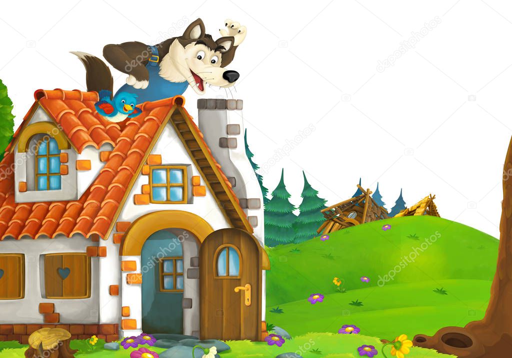 cartoon scene with home of three pigs farmers near the meadow with white background space for text - illustration for children