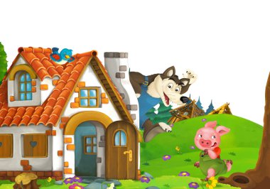 cartoon scene with home of three pigs farmers near the meadow with white background space for text - illustration for children