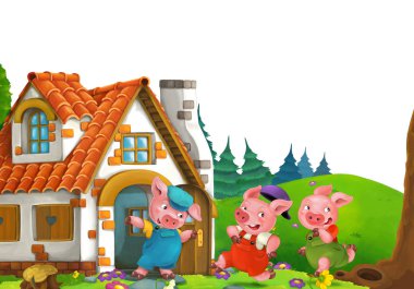 cartoon scene with home of three pigs farmers near the meadow with white background space for text - illustration for children