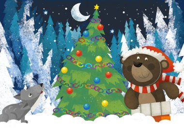 Orman hayvanı Noel Baba 'nın Noel ağacı illüstrasyonunun yakınlarındaki ormanda Noel Baba Hayvanı ile kış sahnesi.