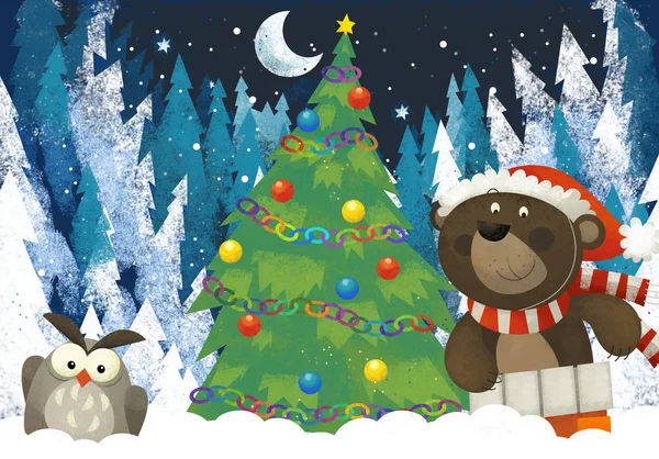 Scena invernale con la foresta animale Babbo Natale animale nella foresta vicino all'albero di Natale illustrazione — Foto Stock