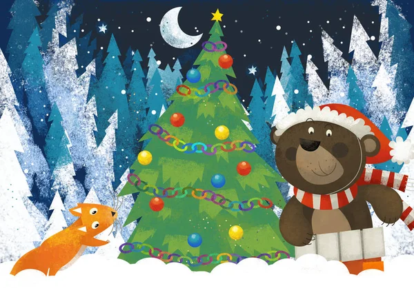 Téli jelenet erdei állat Mikulás állat az erdőben közel karácsonyfa illusztráció — Stock Fotó